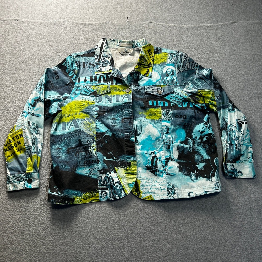 Button Up Jacket Top Womens 1X Abstract Newspaper Print Stretch Erin London